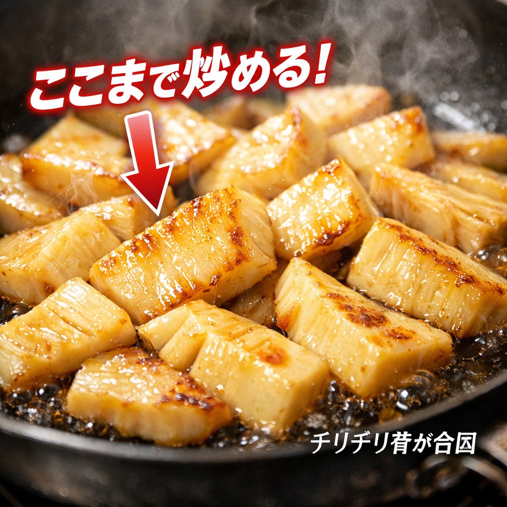 フライパンで強火で炒められているたけのこ。表面の水分が飛び、少し焼き色がついて香ばしそうな状態。