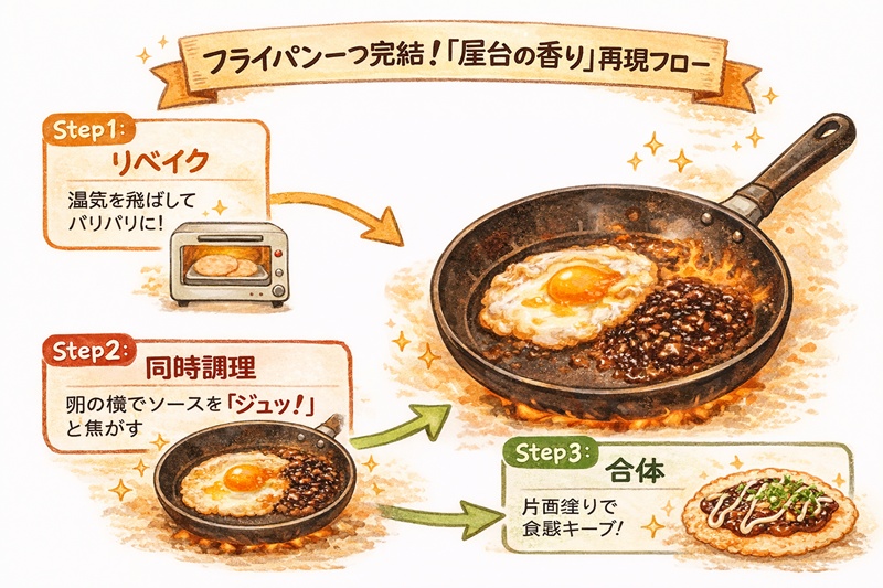 フライパンの上で目玉焼きを焼きながら、横でソースを焦がしてせんべいに塗る手順を図解したイラスト。