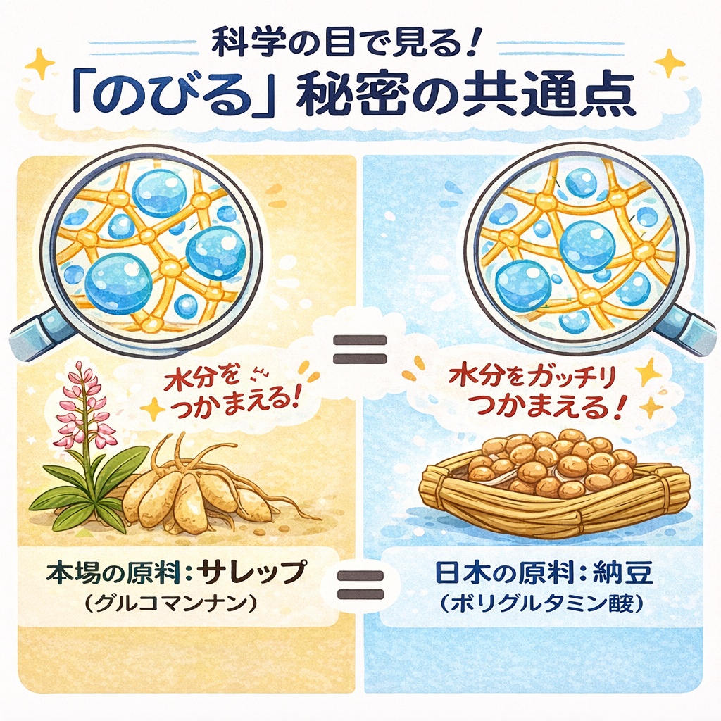 本場のトルコアイス原料であるサレップのグルコマンナンと、納豆のポリグルタミン酸が、どちらも水分を抱え込む構造であることを比較した図解。