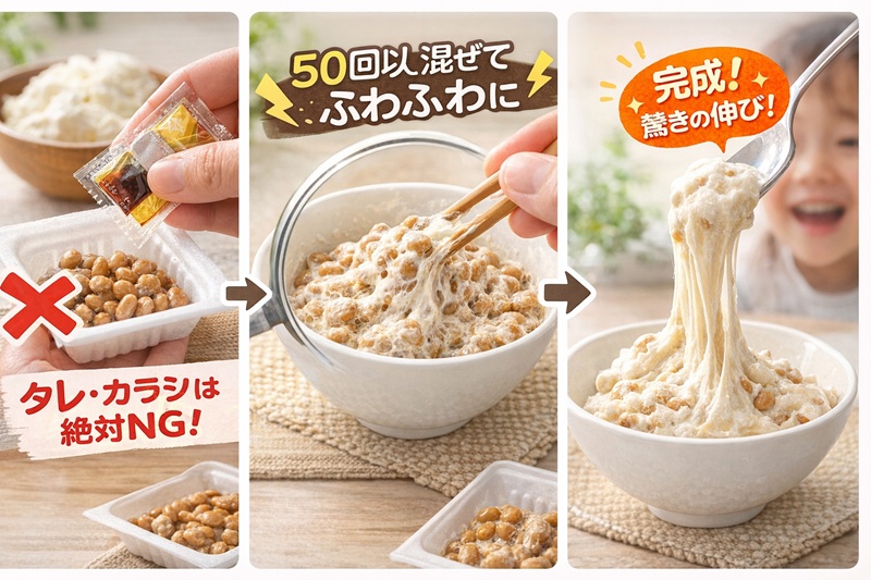 納豆にタレを入れずに混ぜる様子と、アイスと混ぜ合わせて高く伸びた完成品のステップ写真。