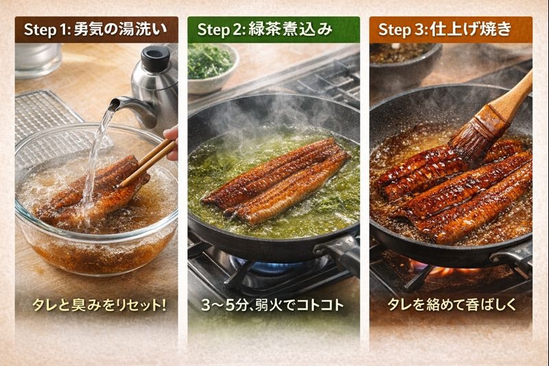 うなぎのタレを熱湯で洗い流す工程、緑茶で煮込む工程、タレを塗って香ばしく焼き上げる工程の3ステップ写真。