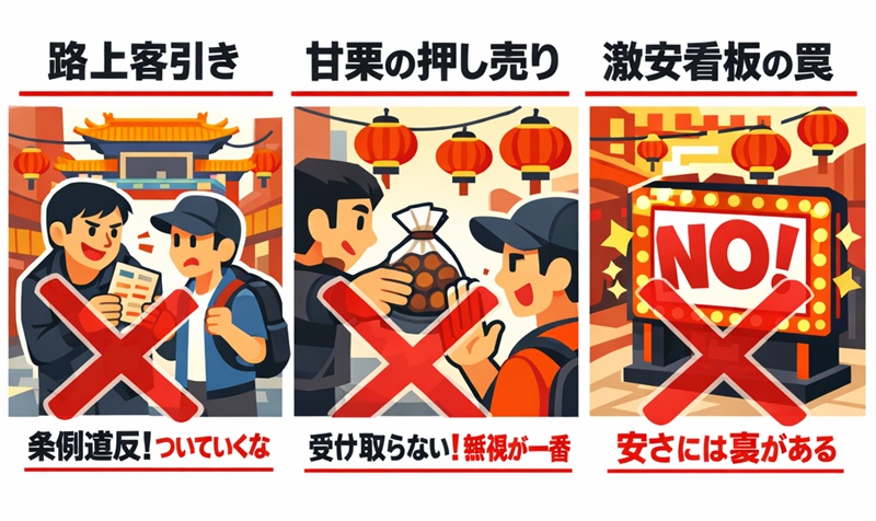 横浜中華街で避けるべき店の特徴。路上での客引き、甘栗の押し売り、安すぎる食べ放題看板のイラスト解説。