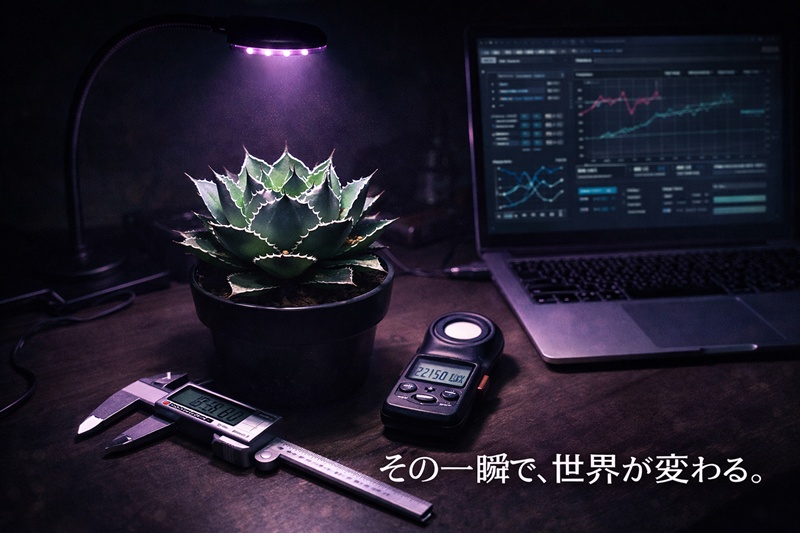 植物育成LEDと計測機器に囲まれたアガベ・チタノタ。数値管理によるロジカルな育成環境のイメージ。