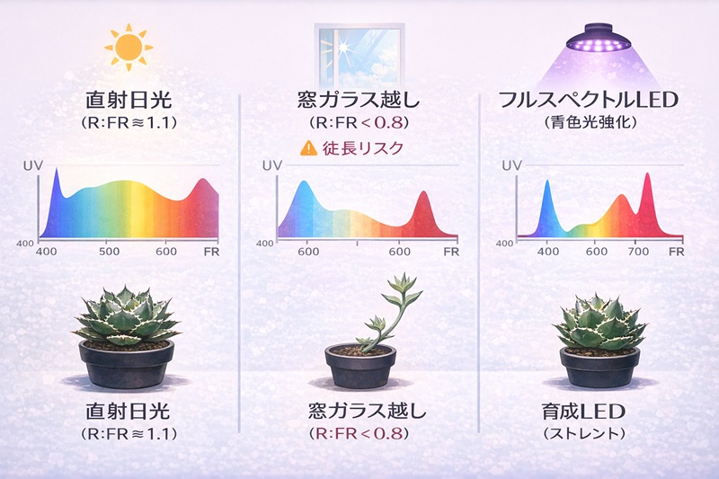 太陽光、窓ガラス越しの光、植物育成LEDのスペクトル比較と、アガベの避陰反応（徒長）の関係図。
