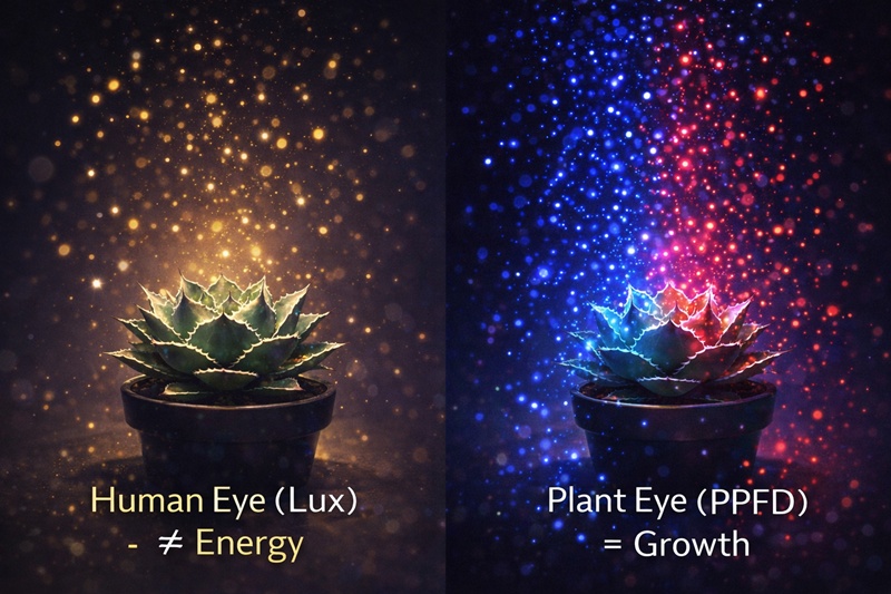 太陽光、日陰、LEDライトそれぞれの光の波長分布と、それに対するアガベの成長反応（徒長または引き締め）の比較図。