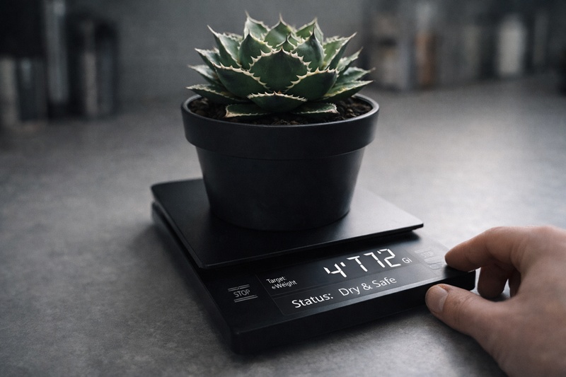 デジタルスケールでアガベの鉢重量を計測し、水やりのタイミングを数値管理する様子。