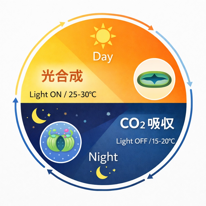 CAM植物（アガベ）の24時間代謝サイクル。昼の光合成と夜のCO2吸収に合わせた温度・光管理のスケジュール図