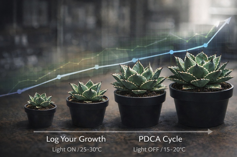 推奨altテキスト:** アガベの成長記録写真とデータログのイメージ。日々のモニタリングによるPDCAサイクルの重要性。