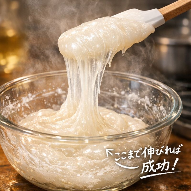 砂糖の分子がデンプンの間で水分を保持し、餅が固くなるのを防いでいる仕組みのイラスト