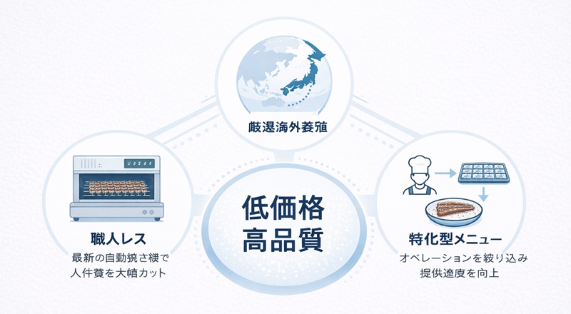 鰻の成瀬が低価格で高品質なうなぎを提供できる3つの理由（人件費、養殖、効率化）の図解。