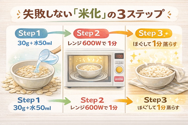 オートミール米化の手順図。水50mlを加えレンジで1分加熱し、その後ほぐして蒸らすことで完成する。