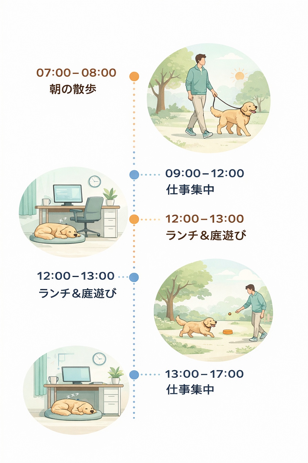 在宅ワーカーの1日のスケジュール。朝夕の散歩を軸に、仕事中は犬が休息するサイクルを示している。