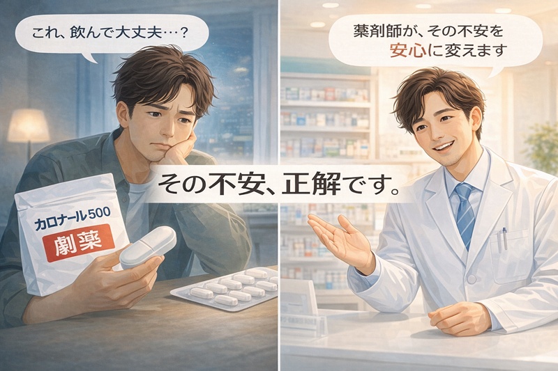 カロナール500の大きさと劇薬表記に不安を感じる男性と、それを優しくサポートする薬剤師の対比イメージ。