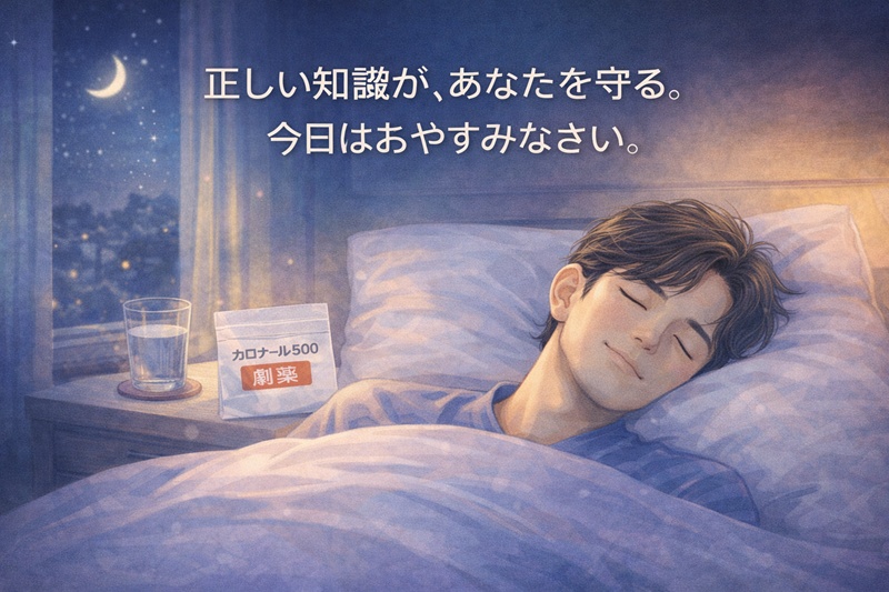 正しい服用ルールを理解し、安心して休む男性のイメージ。不安が解消された後の穏やかな回復の時間を表現