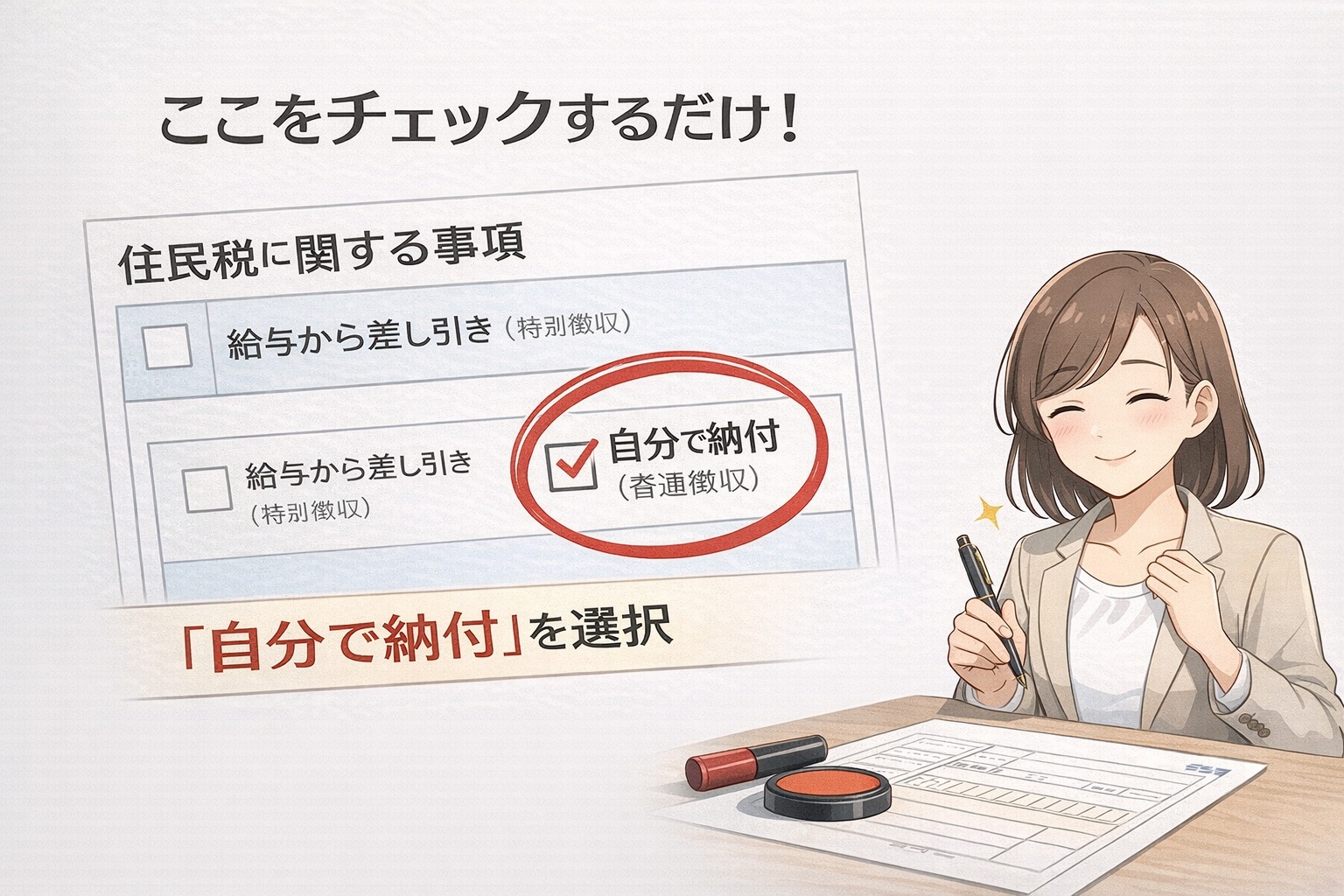 確定申告で住民税の「普通徴収（自分で納付）」を選択し、会社バレを完全に防ぐ手順の解説図。