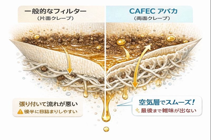 Hario純正フィルターとCAFECアバカフィルターの表面構造比較。アバカの両面クレープがスムーズな通水性を確保している。