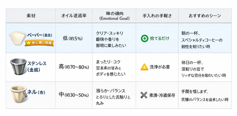 「コク」か「クリア」か？ 好みの味から選ぶフィルター素材チャート
