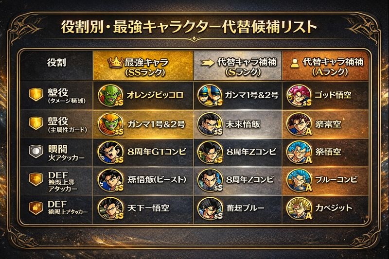 ドッカンバトルの最強パーティ編成例「劇場版HERO」。リーダーのオレンジピッコロを中心に、孫悟飯ビーストなどがサブとして配置され、リーダースキルによって強化される関係性を示した図。