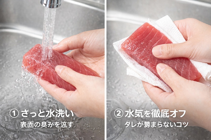 マグロの刺身を水洗いし、キッチンペーパーで水気を拭き取っている下処理の工程写真。
