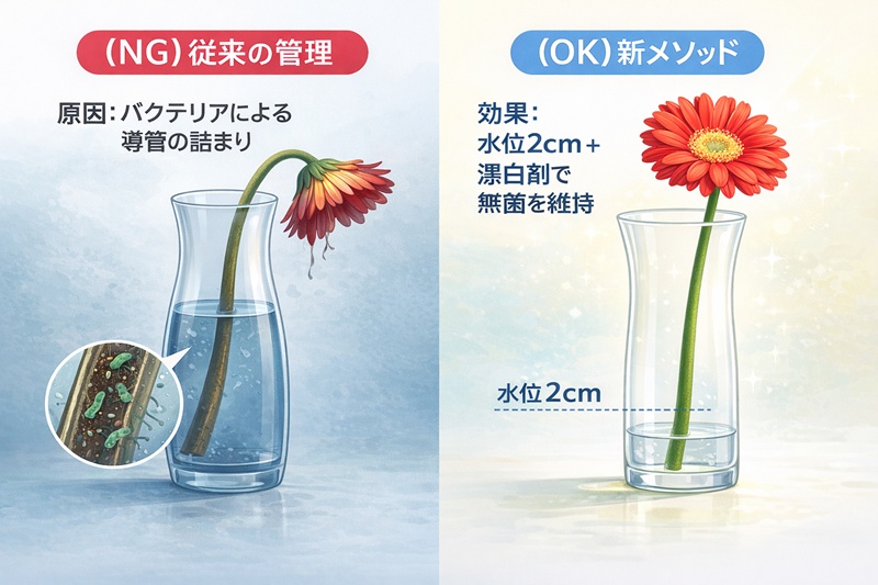 ガーベラの延命メソッド比較。たっぷりの水では3日で枯れるが、水位2cmと漂白剤1滴なら14日間長持ちすることを示す図解。