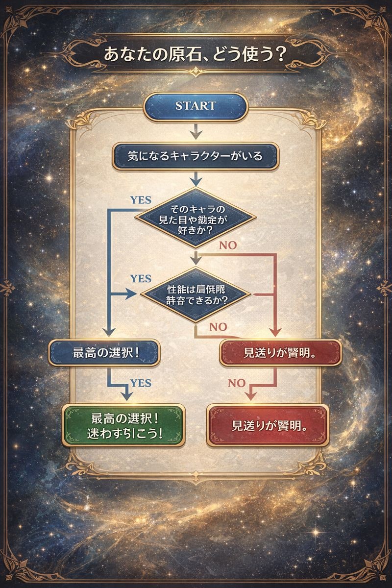 ガチャを引くべきか判断するためのフローチャート。「好き」という感情を最優先しつつ、戦力的な必要性も考慮するステップで構成されている。