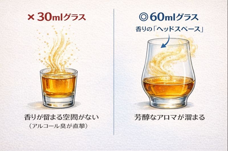 30mlのショットグラスは香りの空間がないが、60mlのグラスはヘッドスペースがあり香りが立つことの比較図解