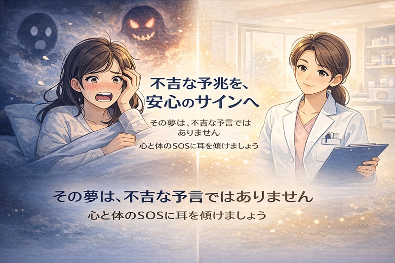 歯が抜ける夢に不安を感じる女性と、優しく寄り添う専門家の対比図。