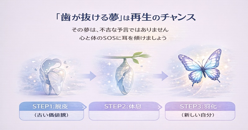 ユング心理学における「歯が抜ける夢」の解釈。古い自分から新しい自分へ変容するプロセス図。