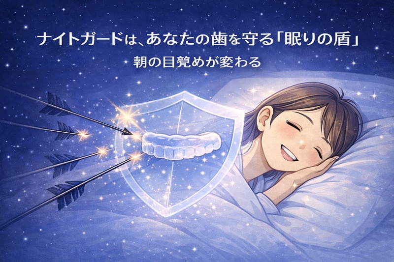 ナイトガードが睡眠中の歯と顎を保護し、安眠を守るイメージ図。