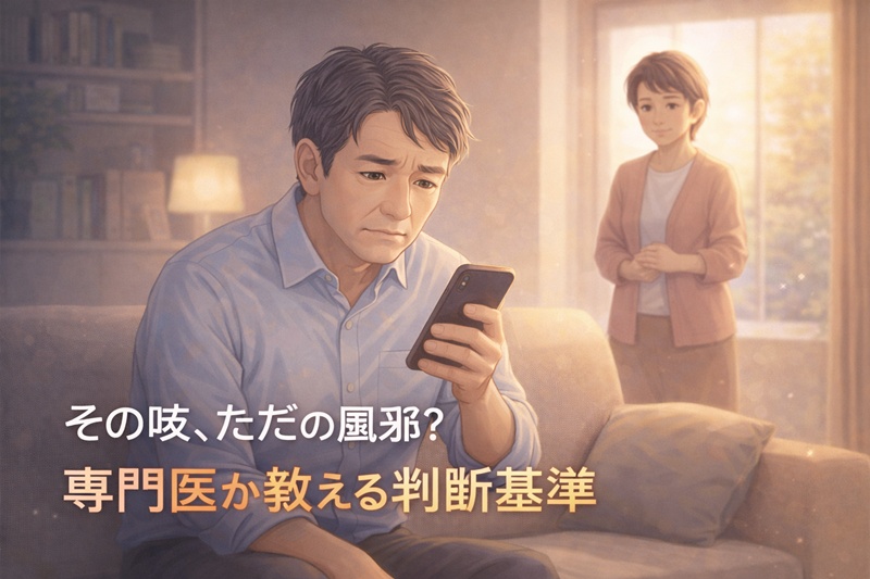 咳や微熱が続き、スマホで肺炎の症状を調べて不安を感じている高齢男性と家族の様子。