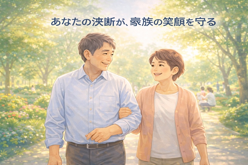 肺炎を早期発見・治療し、再び元気に夫婦で公園を散歩できるようになった理想的な未来の様子。