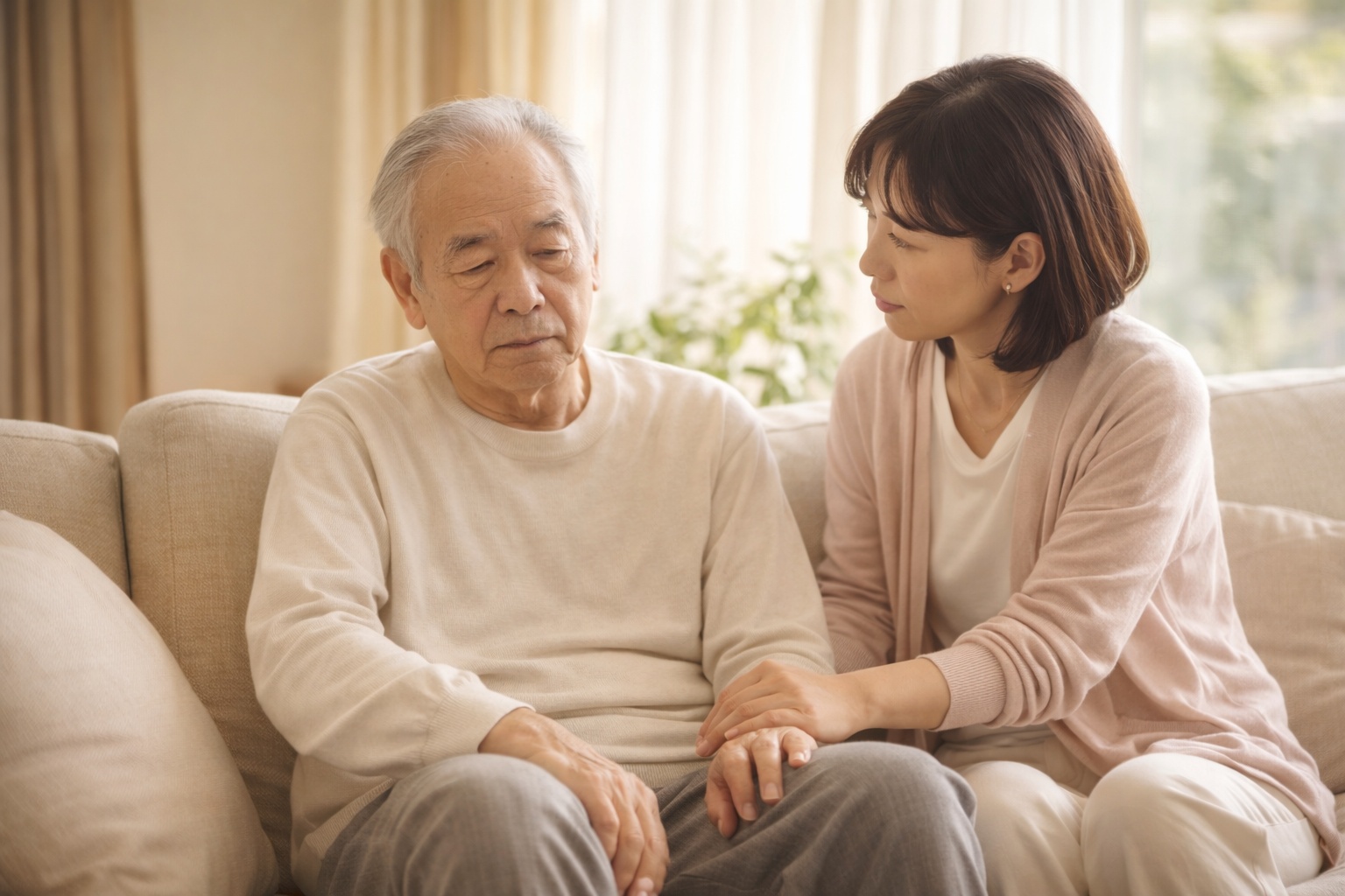 高齢の父の異変に気づき、心配そうに寄り添う娘の様子。高齢者の肺炎のサインを見逃さないためのイメージ