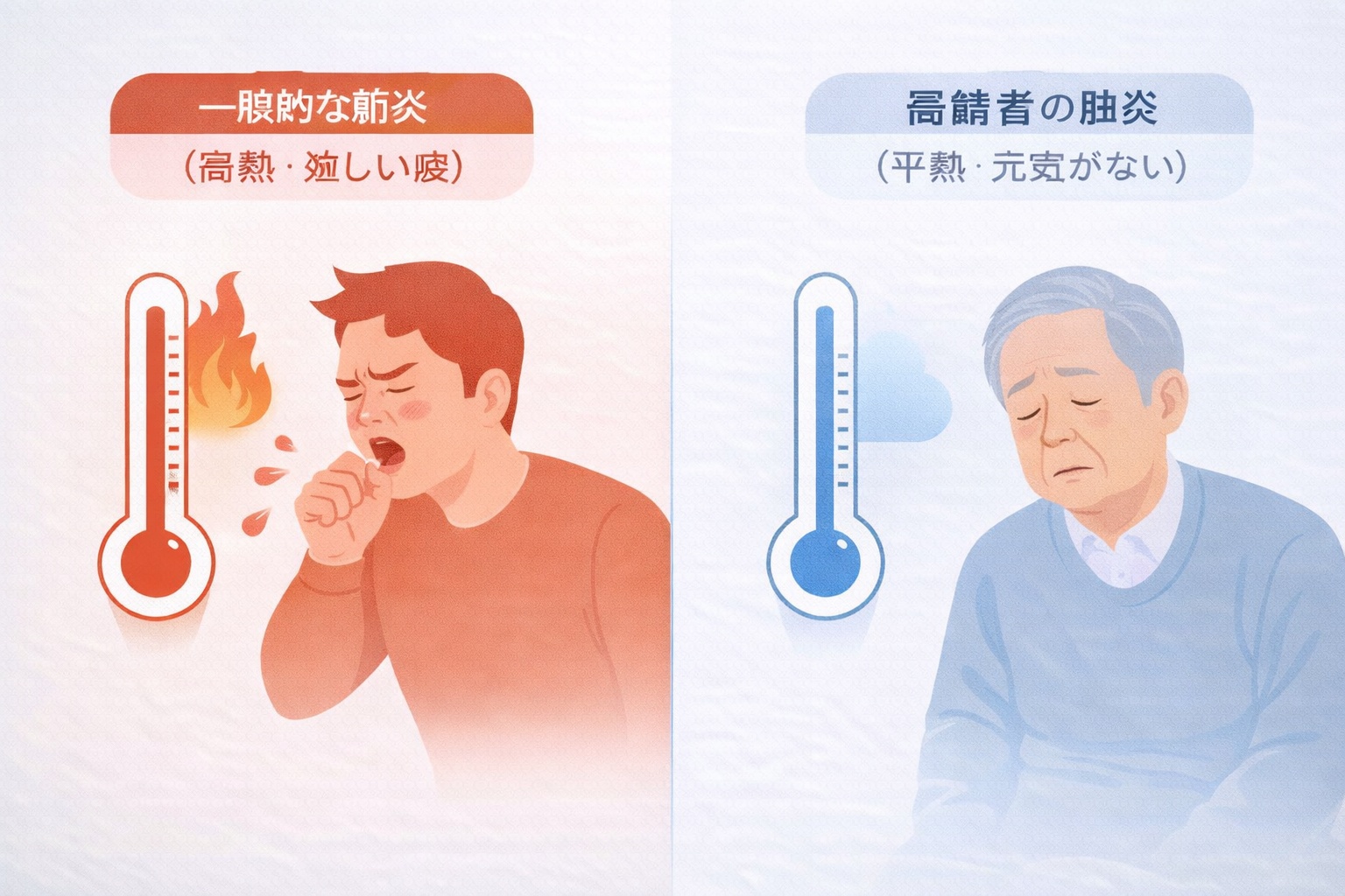一般的な肺炎と高齢者の非定型的な肺炎の症状の違いを比較した図。