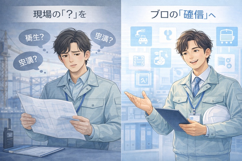 現場で混乱する新人施工管理が、知識を得て自信を持つまでのビフォーアフターのイメージ図。