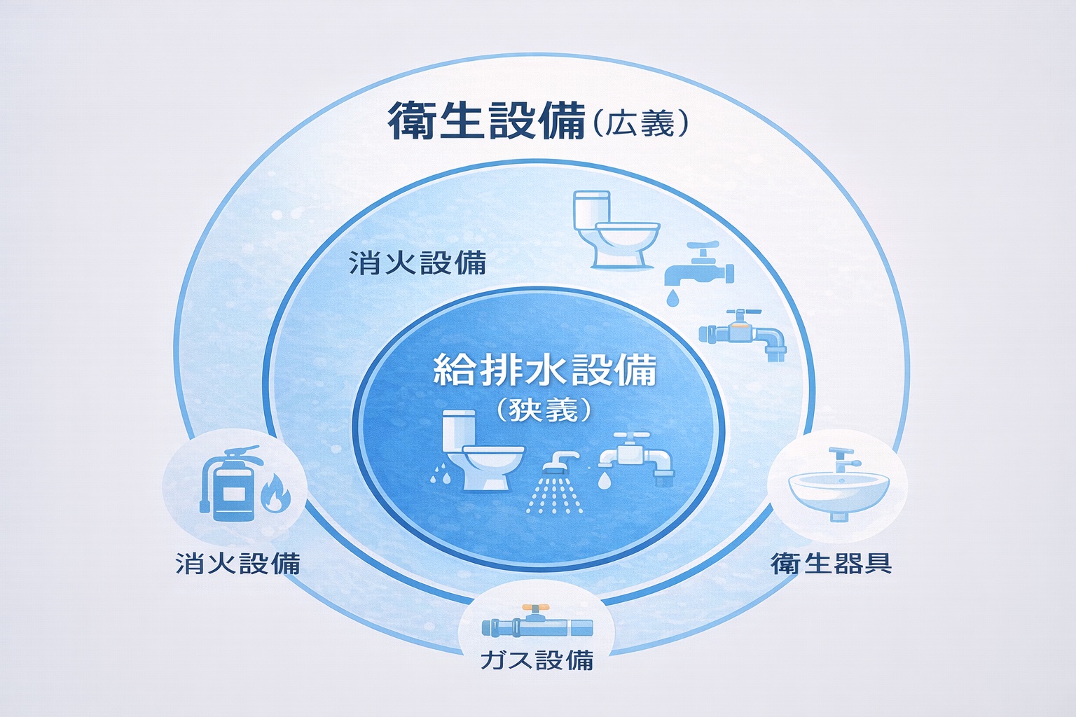 衛生設備という大きなカテゴリーの中に、給排水設備、消火設備、ガス設備、衛生器具が含まれていることを示す包含関係の図解。