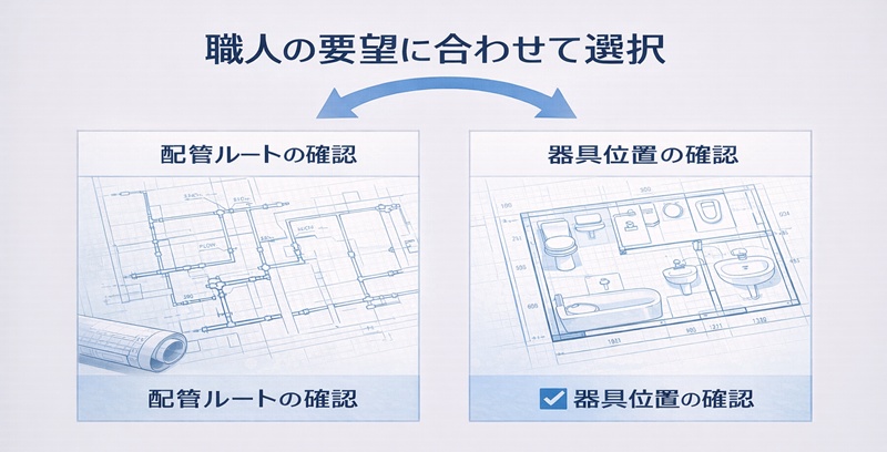 施工管理が現場で使い分けるべき、配管図と器具プロット図の視覚的な違いの比較。