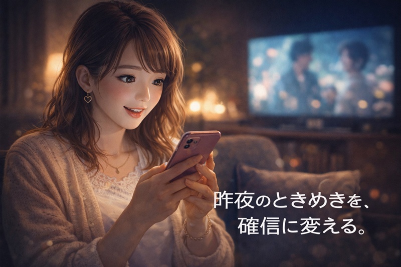 夜、スマートフォンでイケメン俳優を検索し、新しい推しに出会うワクワク感を感じている女性。