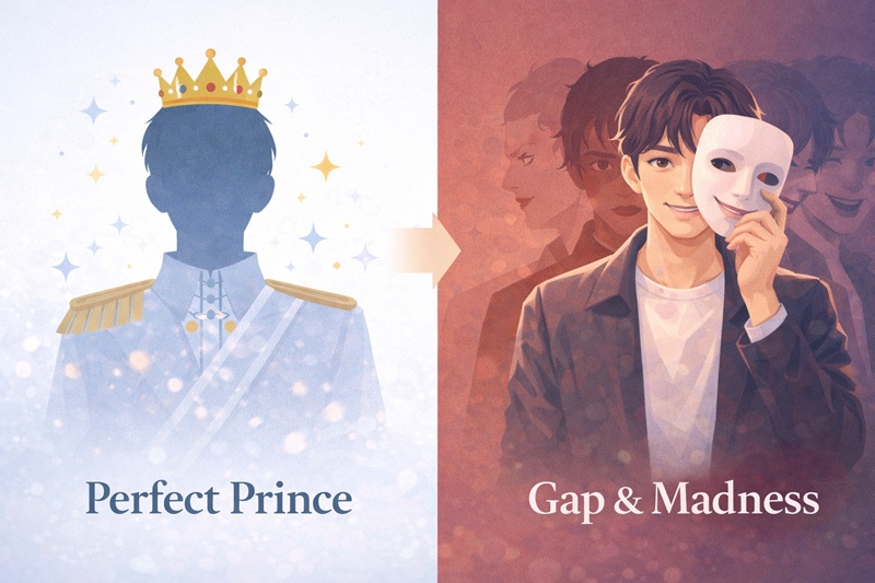 2025年のイケメン俳優トレンドである「ギャップと狂気」への変遷を示す概念図。