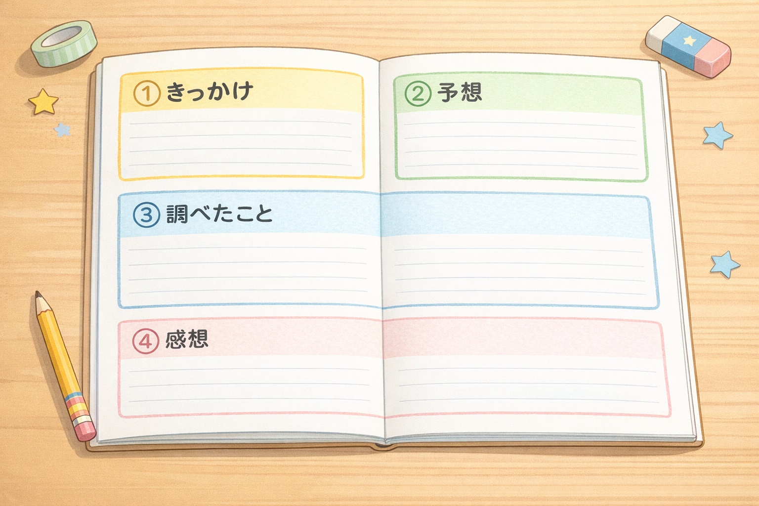 自学ノートを4つのブロック（きっかけ、予想、調べたこと、感想）に分けた効率的なレイアウト図