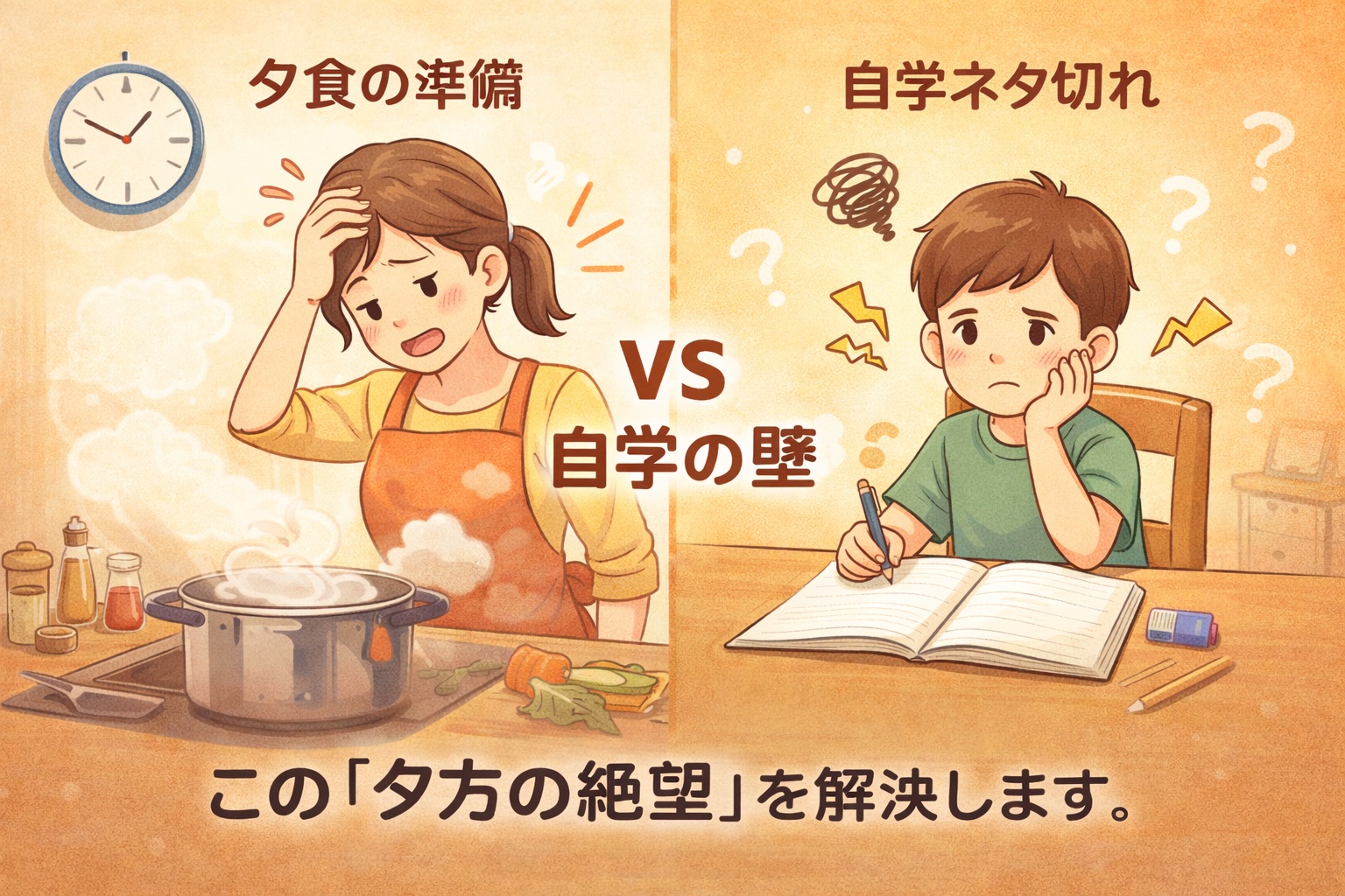 「夕食準備と子供の宿題に追われる母親の日常の悩み。自学ネタが見つからないストレス（Trigger）を表現したイラスト。」