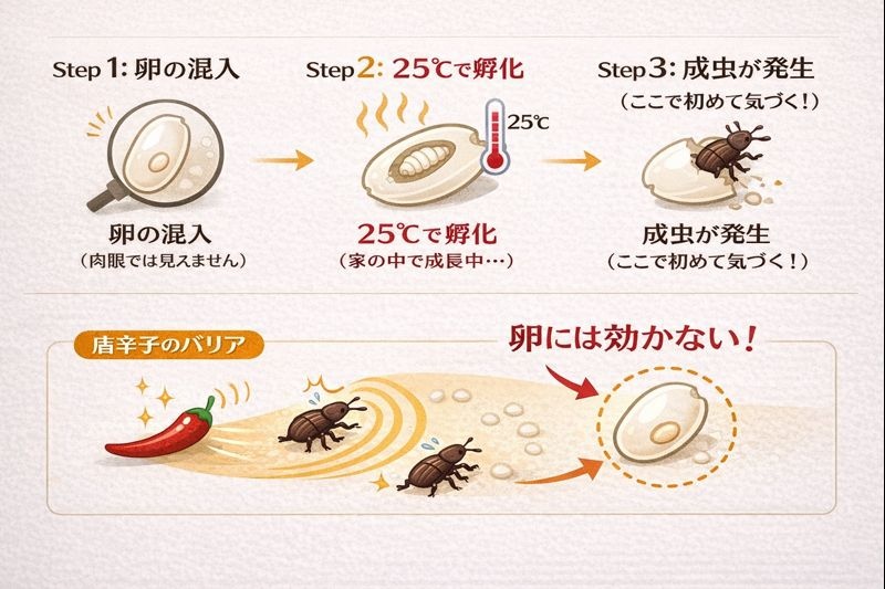 米粒の中に産み付けられたコクゾウムシの卵が、25℃以上の温度で孵化し、唐辛子があっても防げない様子の図解。