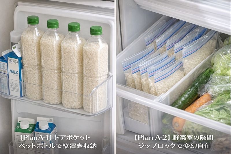 冷蔵庫のドアポケットに収納されたお米入りペットボトルと、野菜室の隙間に収納されたジップロック入りのお米の写真。