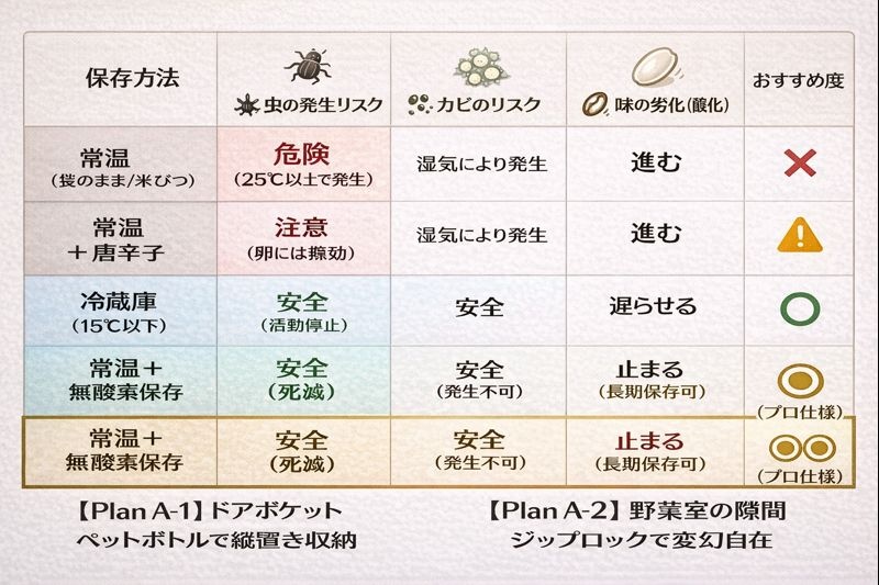 保存方法別のリスク比較（常温 vs 冷蔵庫 vs 無酸素）