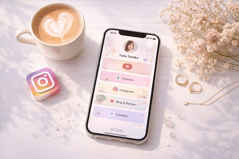 おしゃれなカフェ風の小物に囲まれた、lit.link（リトリン）のプロフィール画面が表示されたスマートフォンのイメージ画像。