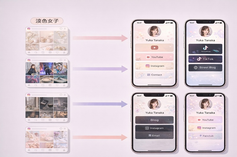 Instagramの投稿の雰囲気に合わせた、リトリンのおすすめテンプレート選びの相関図。