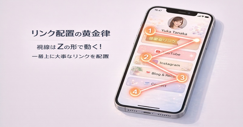 スマホ画面上でのユーザーの視線誘導（Z字の法則）と、効果的なリンク配置の解説図。