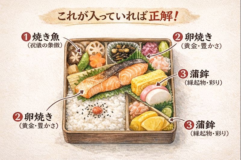幕の内弁当のイラスト。焼き魚、卵焼き、蒲鉾の3つが「三種の神器」として強調されている。