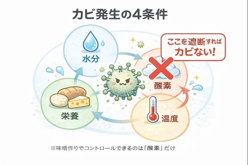 カビが発生する4つの条件（水分、栄養、温度、酸素）のベン図。酸素を遮断することでカビを防げることを示している。