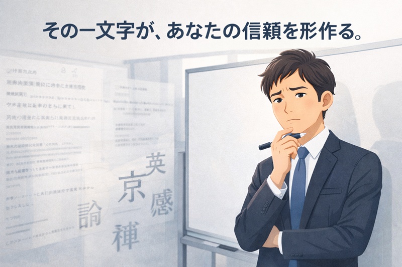 ビジネスシーンで漢字の表記に悩むビジネスパーソンのイメージ。大人の漢字再入門の重要性を象徴