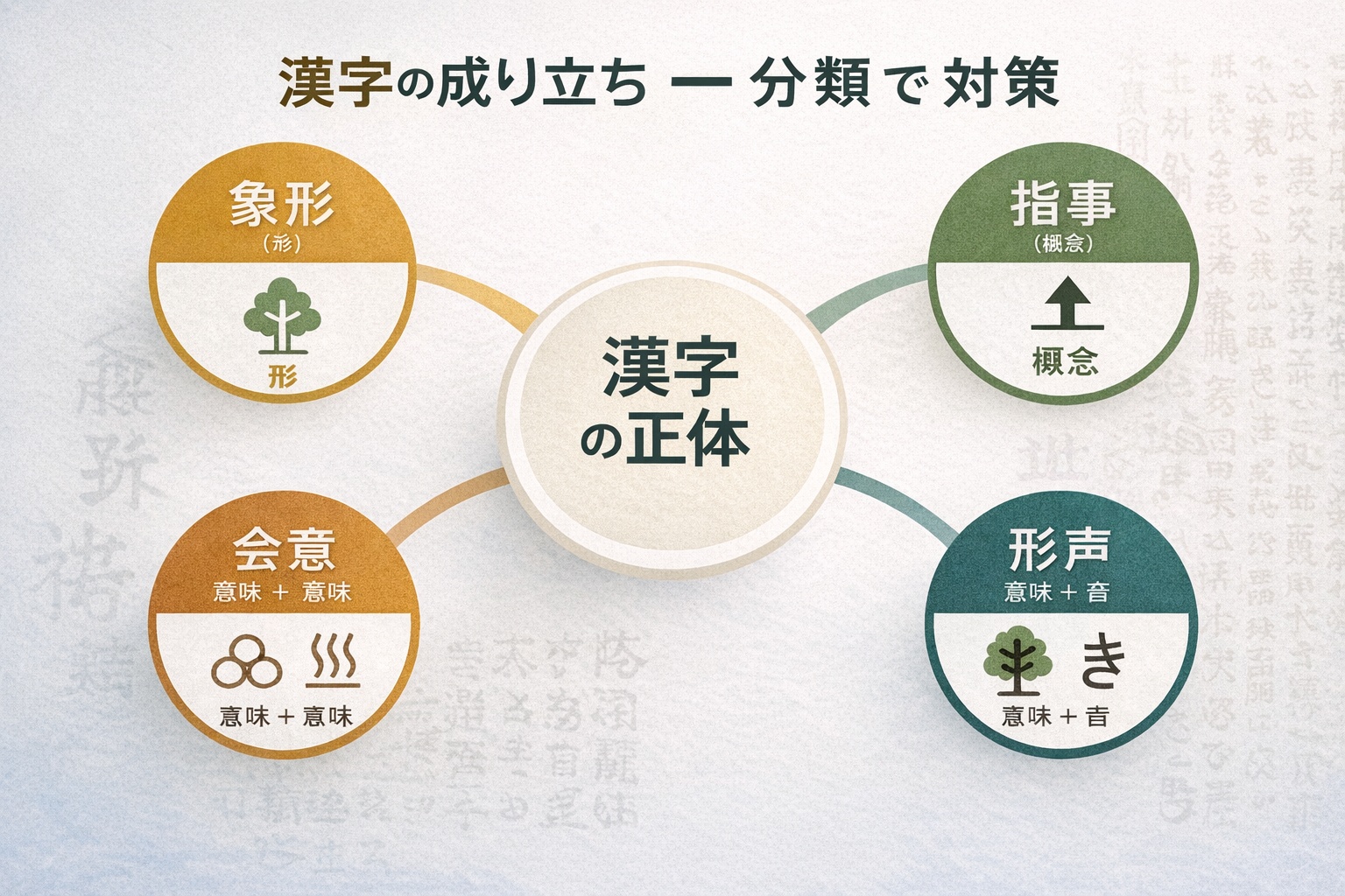 漢字の成り立ち四分類（象形・指事・会意・形声）の構造図。論理的な理解が記憶定着を助けることを示す。